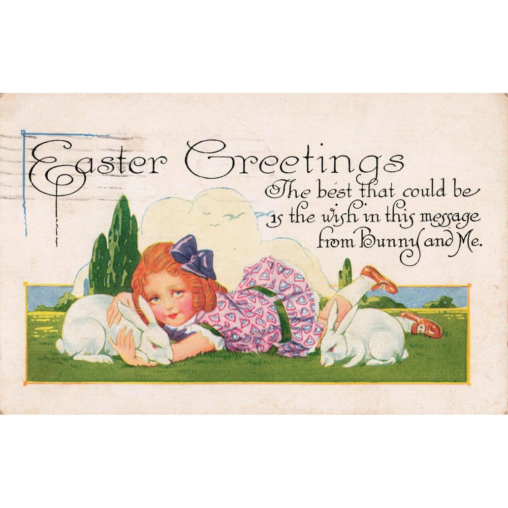 Easter Postcard Girl with White Rabbits Bunnies Grass Greetings Antique c1920